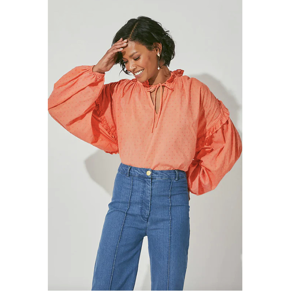 CLEOBELLA NWT Evereve Phoenix Puff Long Sleeve Organic Cotton Blouse Coral // M - Picture 16 of 16